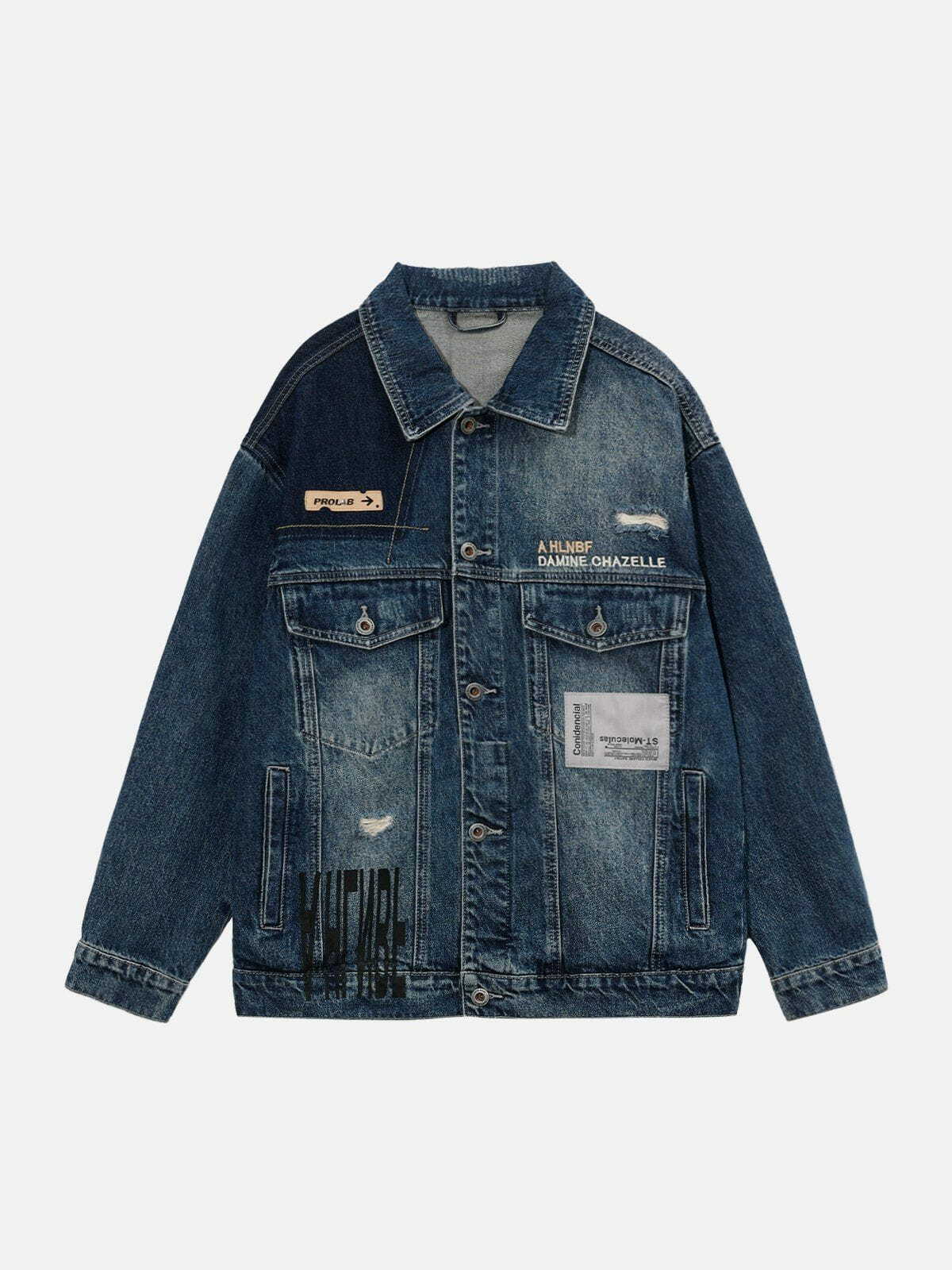 Y2K Grunge Patchwork Denim Jacket with Washed Holes - Retro 90s Summer Outfit Essential