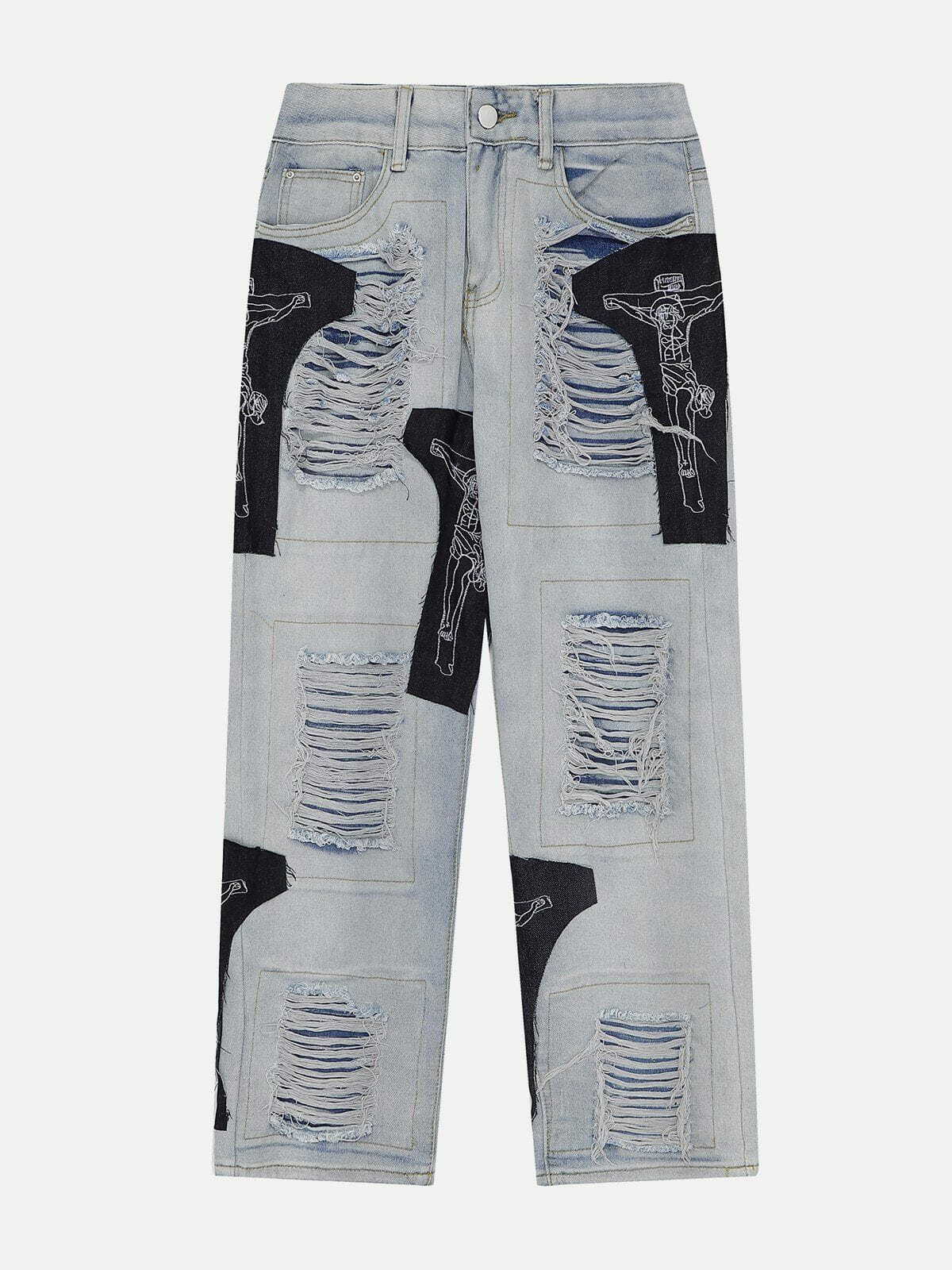 Y2K Grunge Patchwork Holes Jeans - Retro 90s Summer Outfit for Y2K Party Vibes