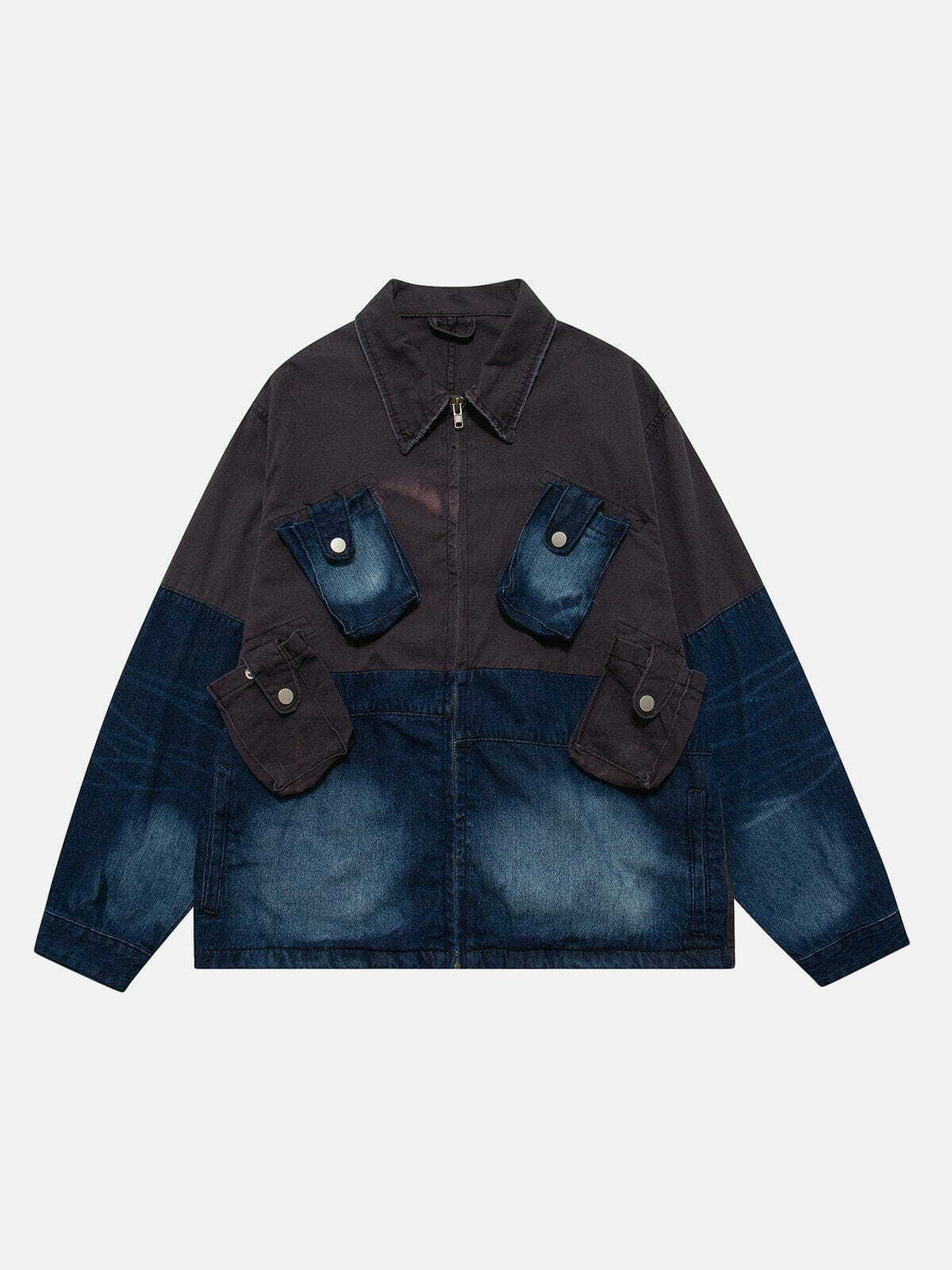 Y2K Grunge Patchwork Multi-Pocket Denim Jacket - Retro 90s Summer Outfit Essential