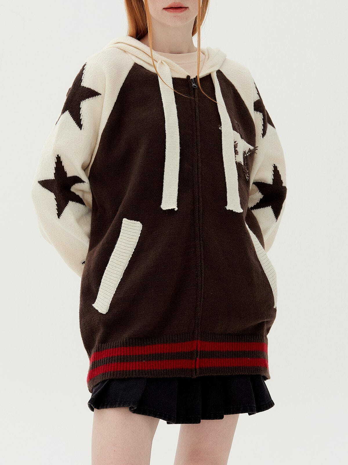 Y2K Grunge Patchwork Pentagrams Knit Hoodie - Retro 90s Summer Outfit for Women