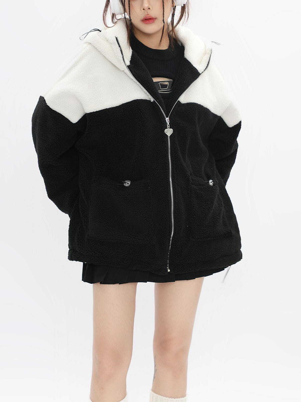 Y2K Grunge Patchwork Sherpa Jacket with Pointed Ears - Retro 90s Fashion Statement