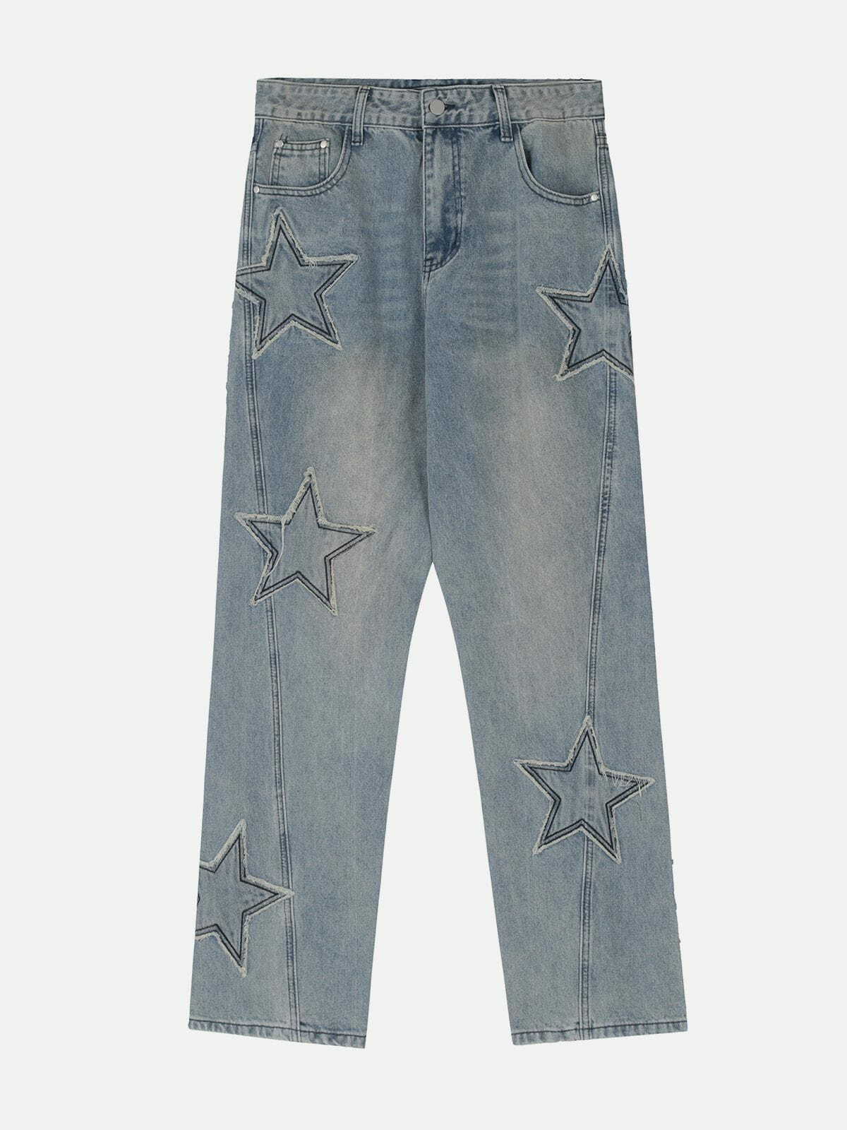 Y2K Grunge Pentagram Patchwork Jeans - Retro 90s Summer Outfit for Y2K Vibes