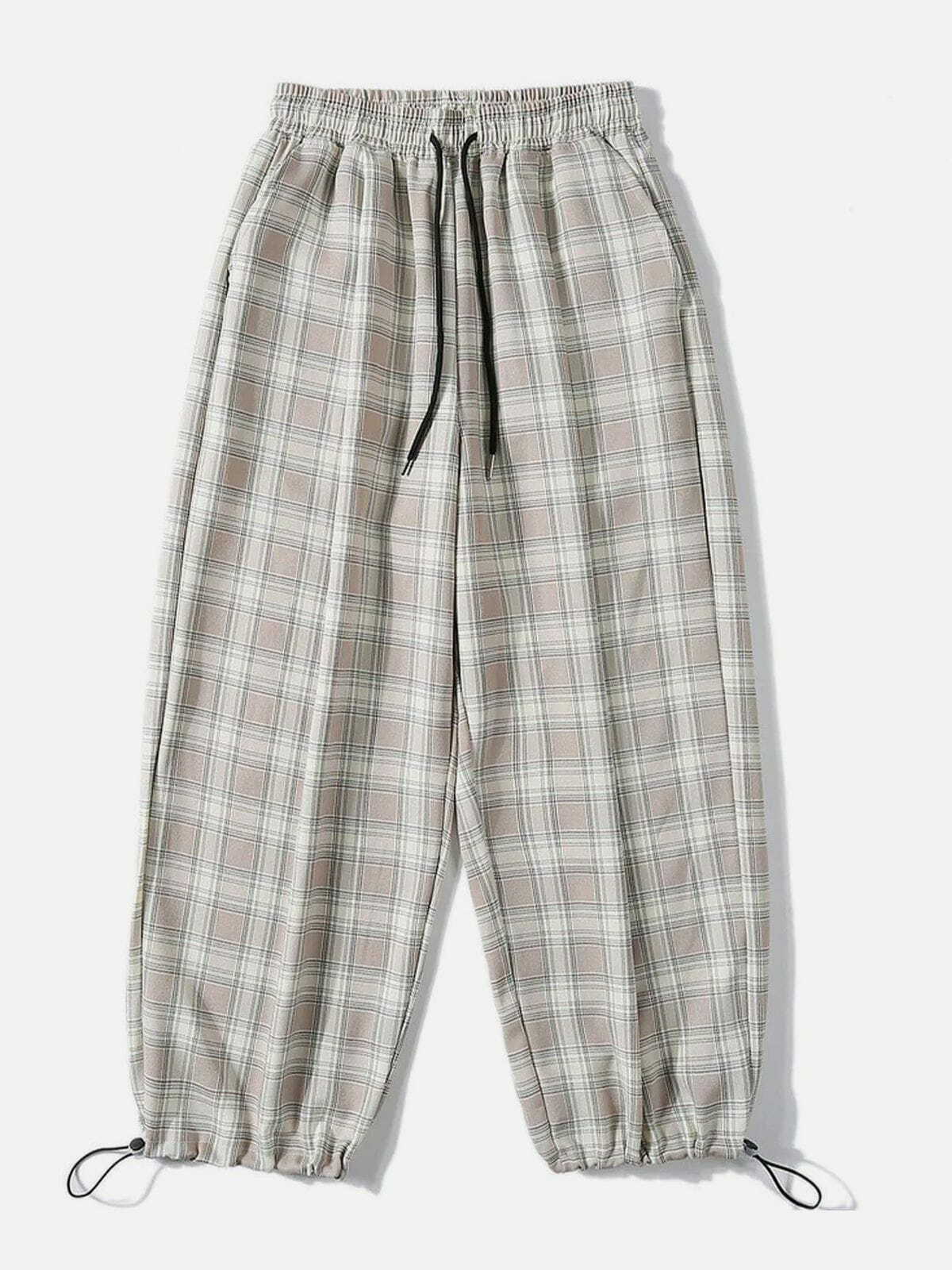 Y2K Grunge Plaid Drawstring Casual Pants for Retro 90s Summer Outfits & Party Looks