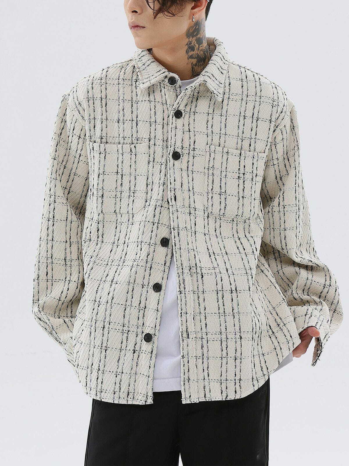 Y2K Grunge Plaid Jacket with Contrasting Colors - Retro 90s Summer Outfit Essential