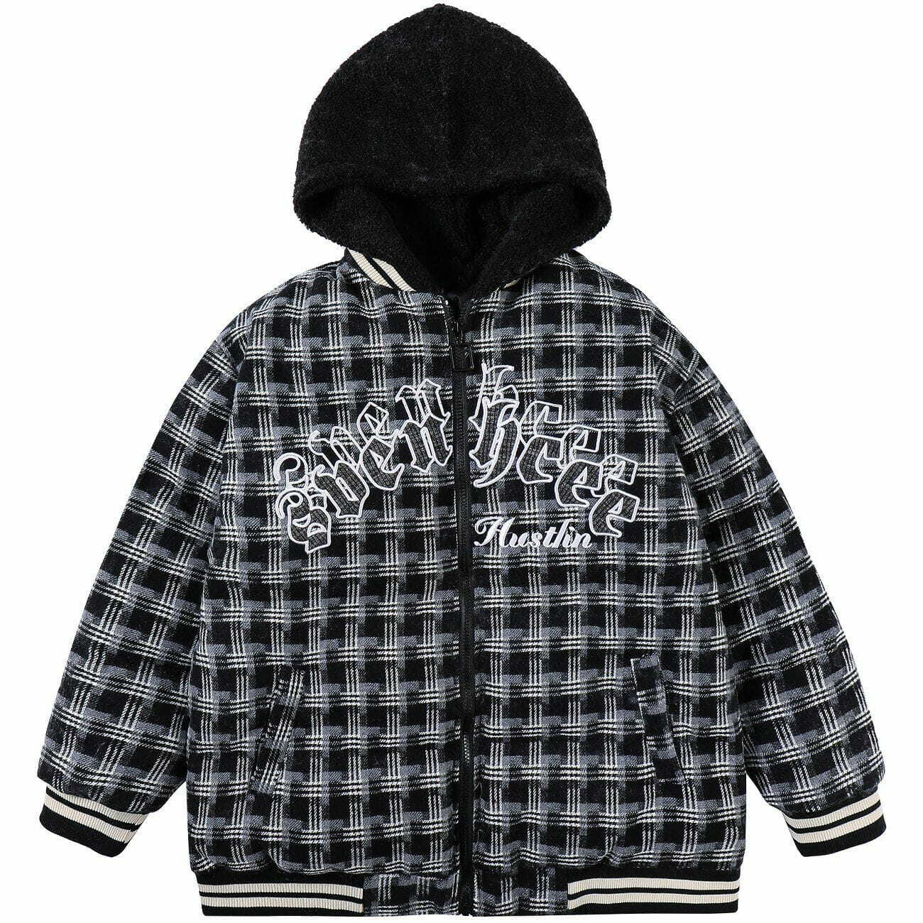 Y2K Grunge Plaid Patchwork Embroidery Hooded Winter Coat for Retro 90s Fashion Lovers