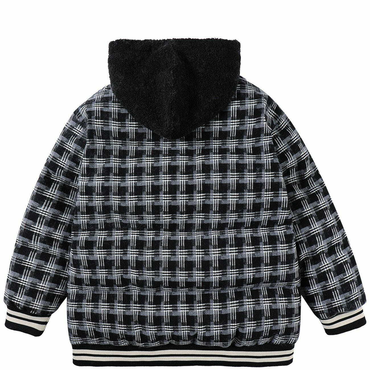 Y2K Grunge Plaid Patchwork Embroidery Hooded Winter Coat for Retro 90s Fashion Lovers