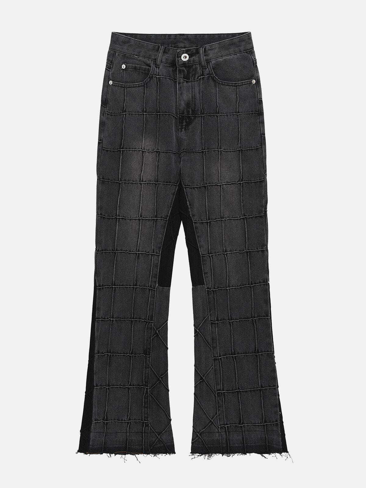 Y2K Grunge Plaid Raw Jeans - Retro 90s Summer Outfit for Y2K Party & Club Vibes