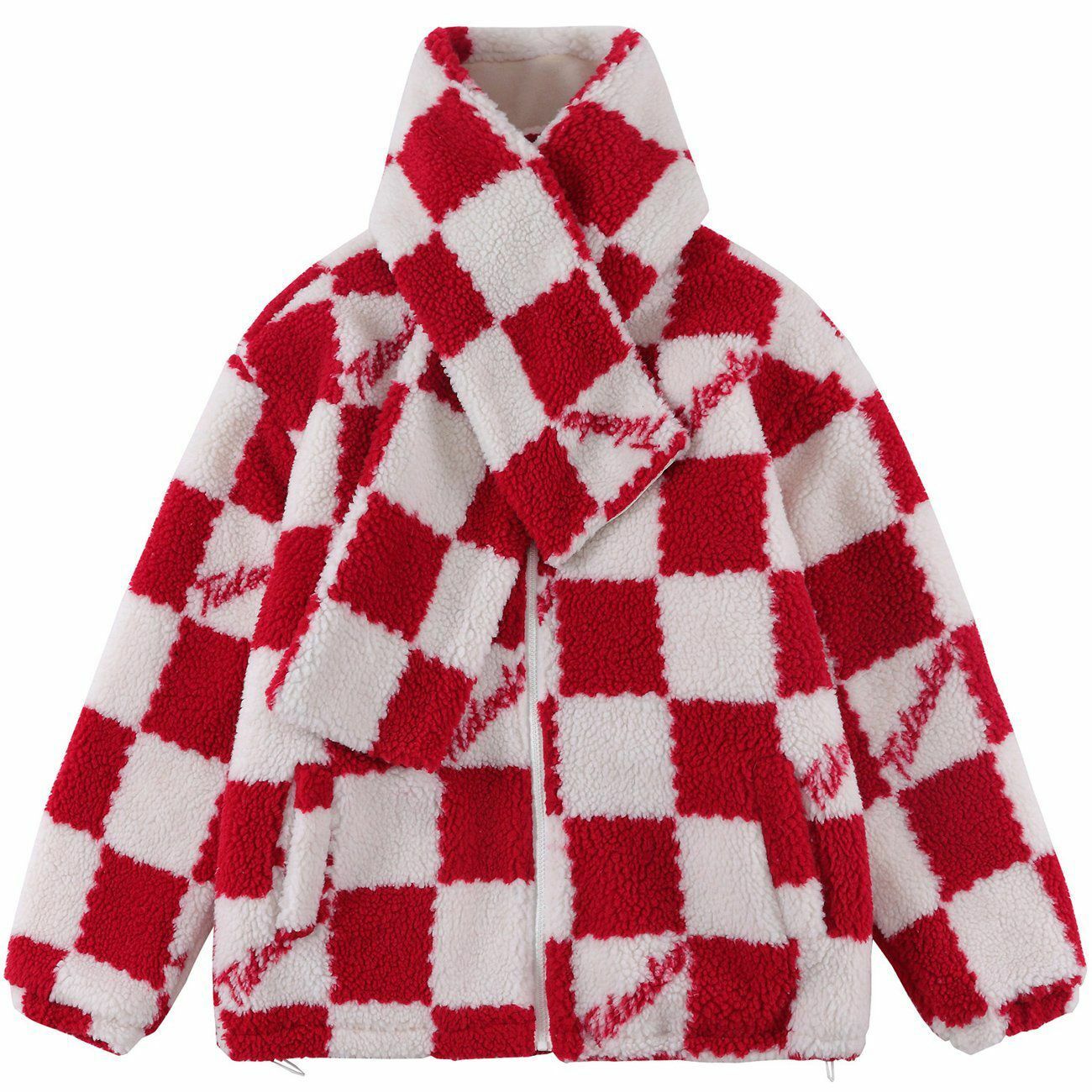 Y2K Grunge Plaid Scarf Collar Sherpa Coat - Retro 90s Fashion for Y2K Summer Outfits