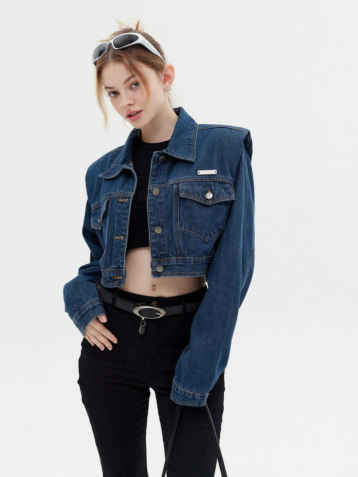 Y2K Grunge Pocket Decoration Crop Denim Jacket - Retro 90s Summer Outfit Essential