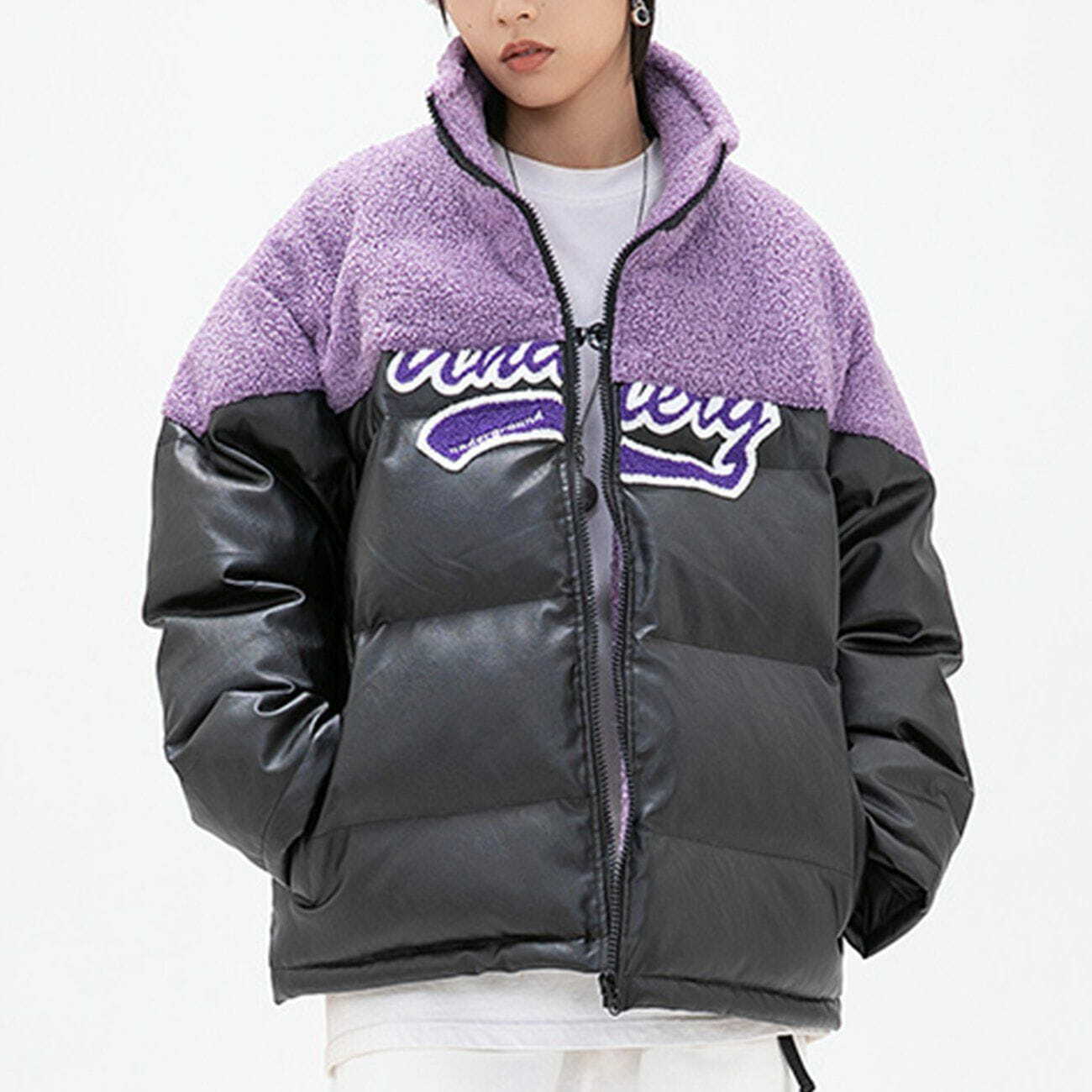 Y2K Grunge PU Leather Sherpa Embroidery Winter Coat - Retro 90s Fashion Outerwear