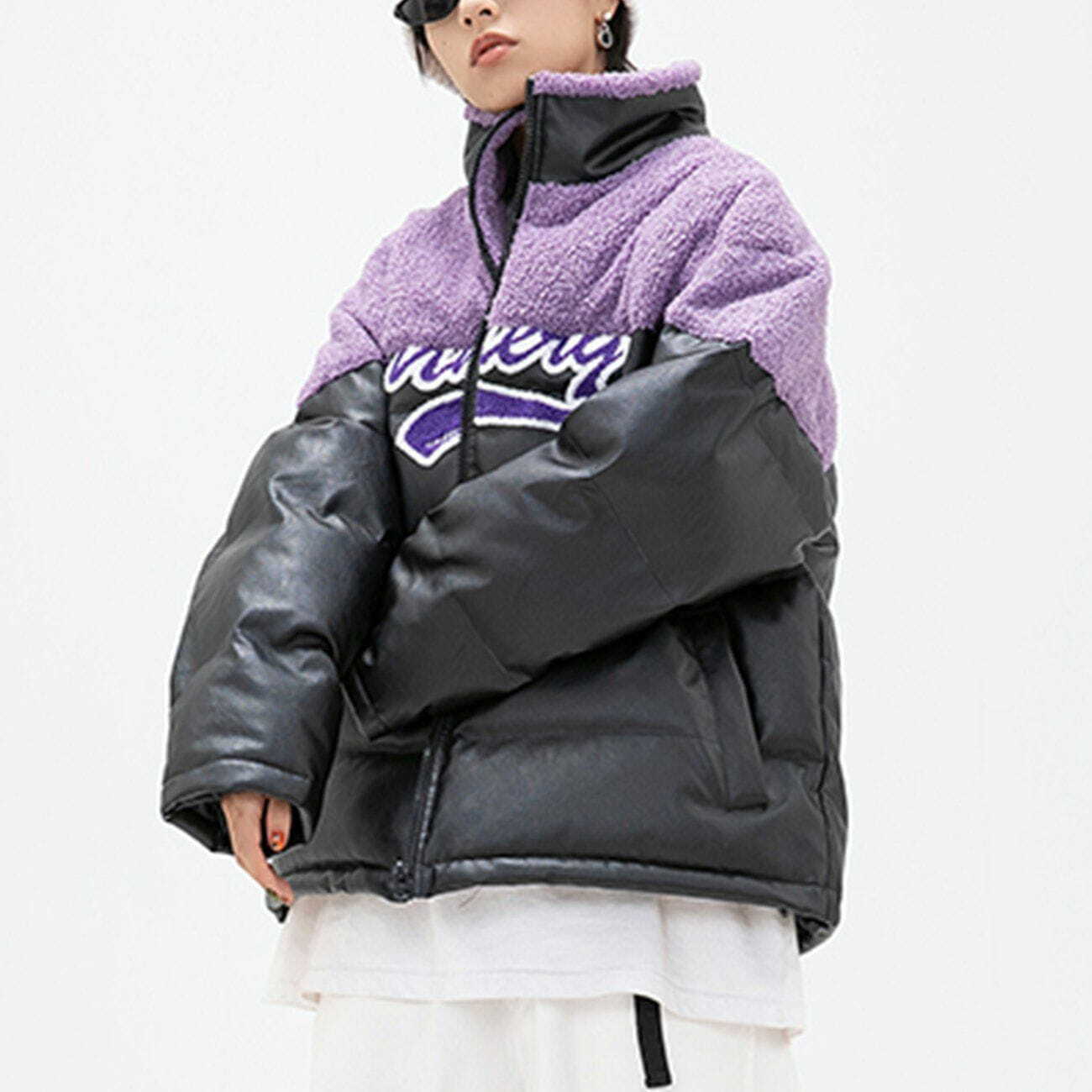 Y2K Grunge PU Leather Sherpa Embroidery Winter Coat - Retro 90s Fashion Outerwear