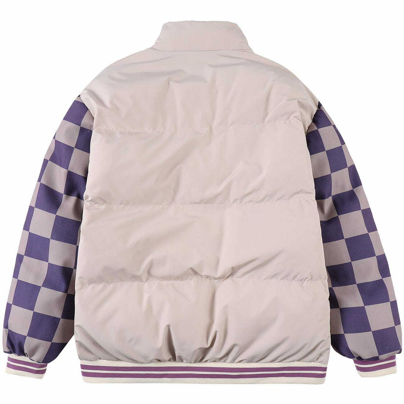 Y2K Grunge Puffer Jacket with Checkerboard Sleeves & Paper Clip Print - Retro 90s Style