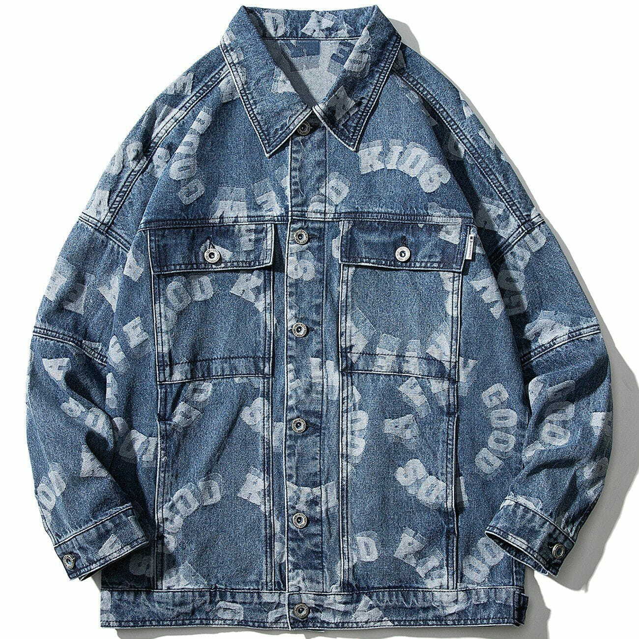 Y2K Grunge Round Letters Print Denim Jacket - Retro 90s Summer Outfit Essential