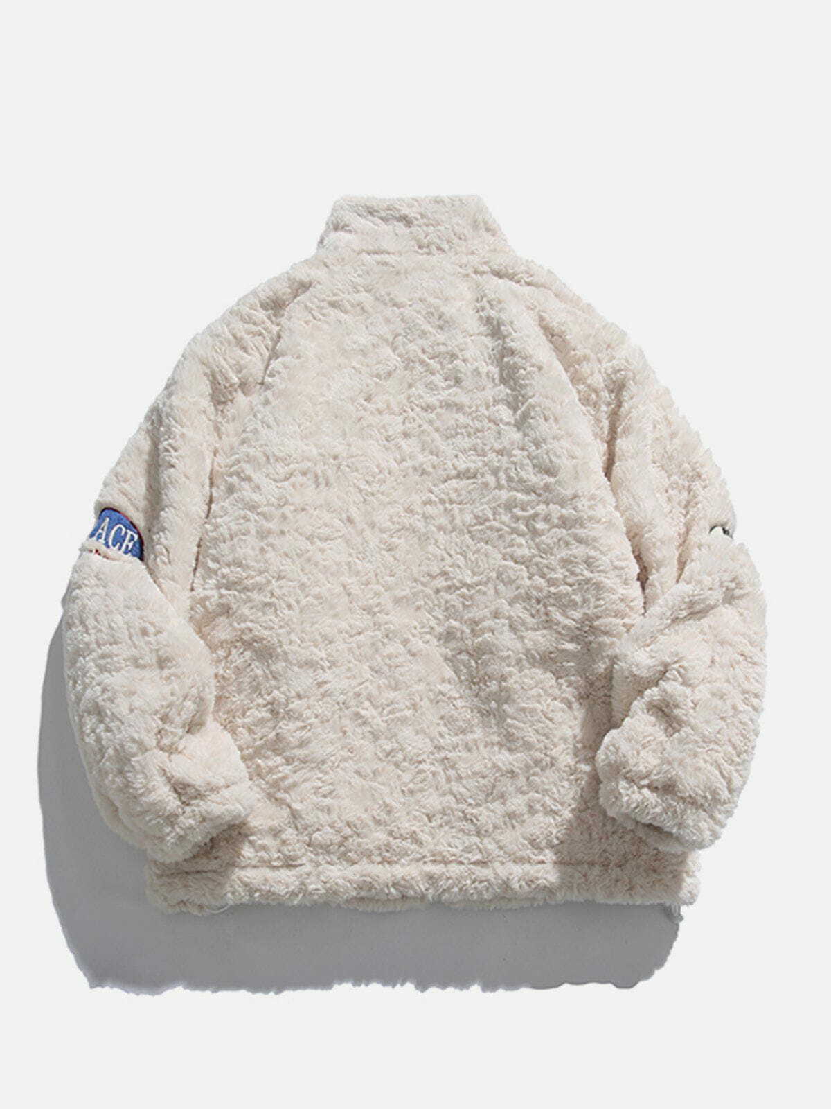 Y2K Grunge Sherpa Coat with Embroidered Lettering - Retro 90s Fashion Statement Piece