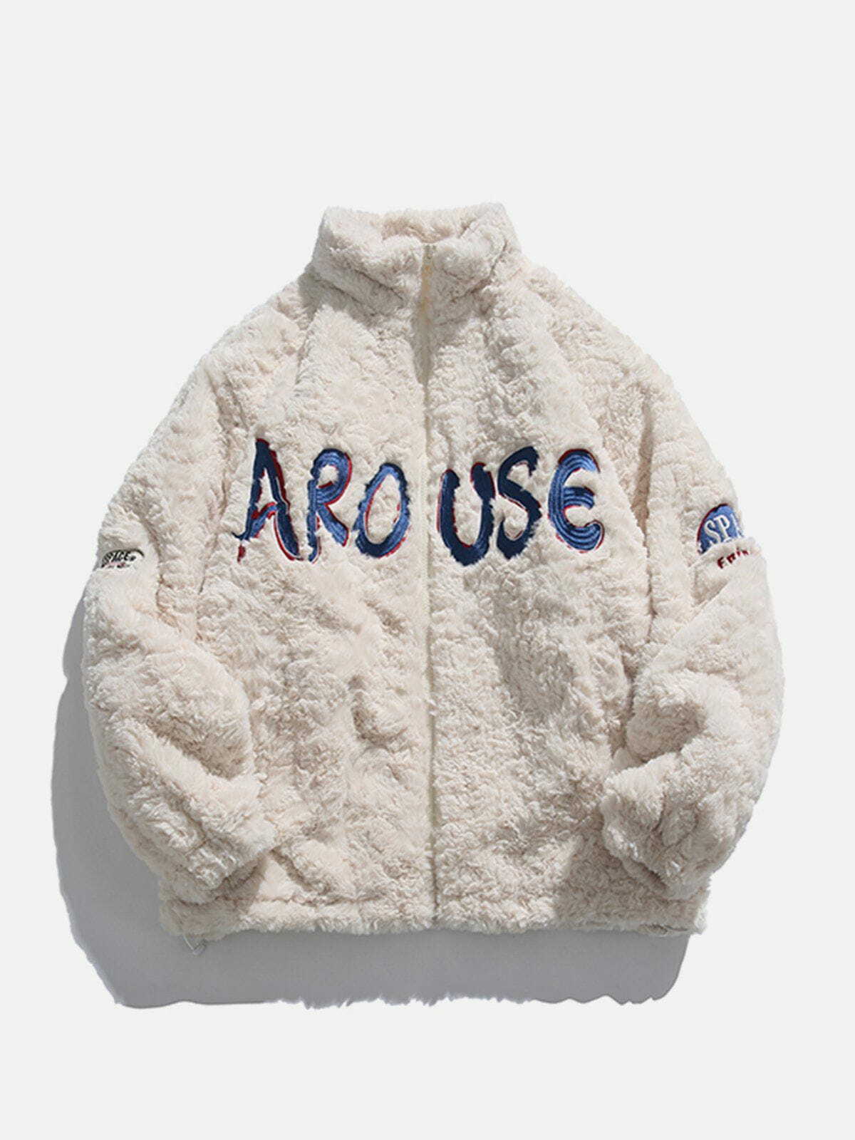 Y2K Grunge Sherpa Coat with Embroidered Lettering - Retro 90s Fashion Statement Piece