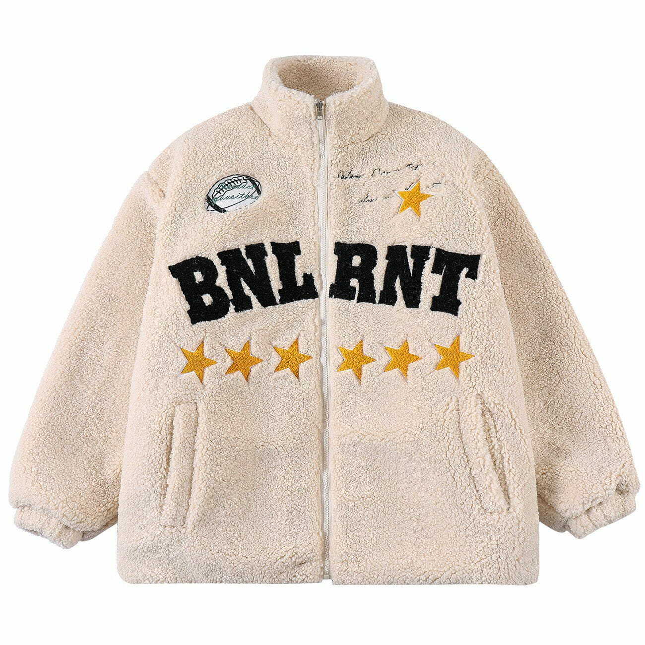 Y2K Grunge Sherpa Coat with Five-Pointed Star Patch - Retro 90s Winter Fashion Outerwear