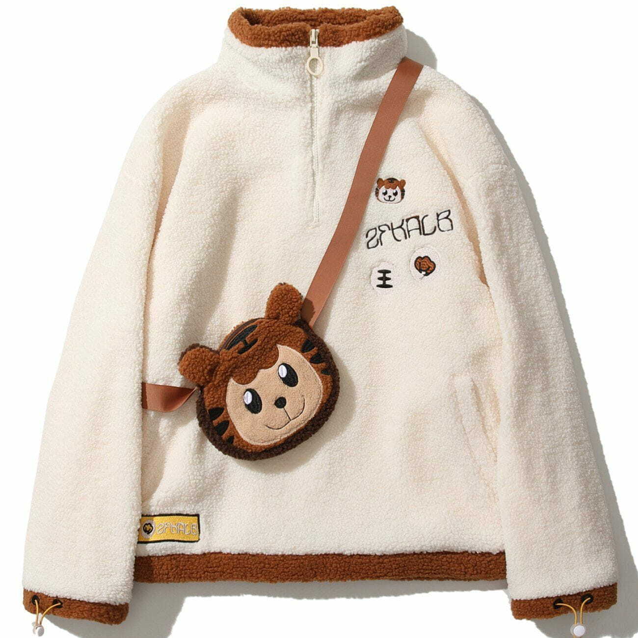 Y2K Grunge Sherpa Winter Coat with Tiger Backpack Decoration - Retro 90s Fashion Outfit