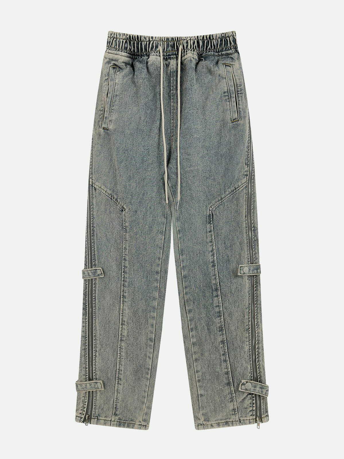 Y2K Grunge Side Zipper Drawstring Washed Jeans - Retro 90s Summer Outfit Essential