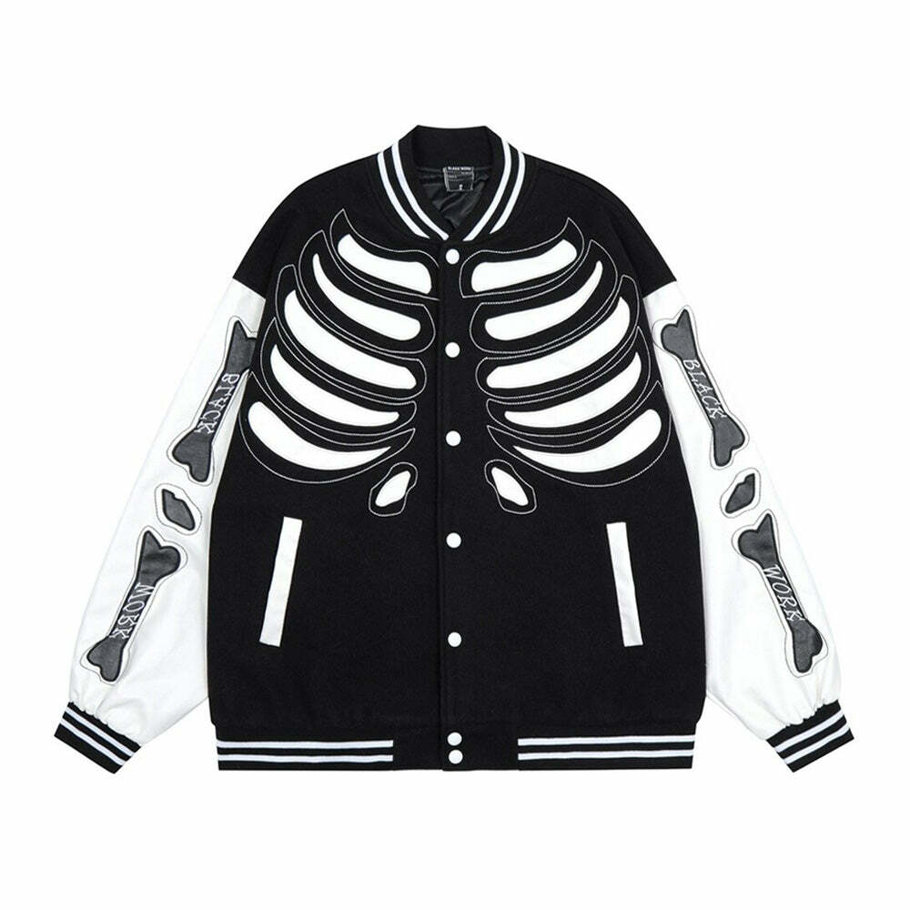 Y2K Grunge Skeleton Varsity Jacket - Retro 90s Fashion for Summer Parties & Outfits