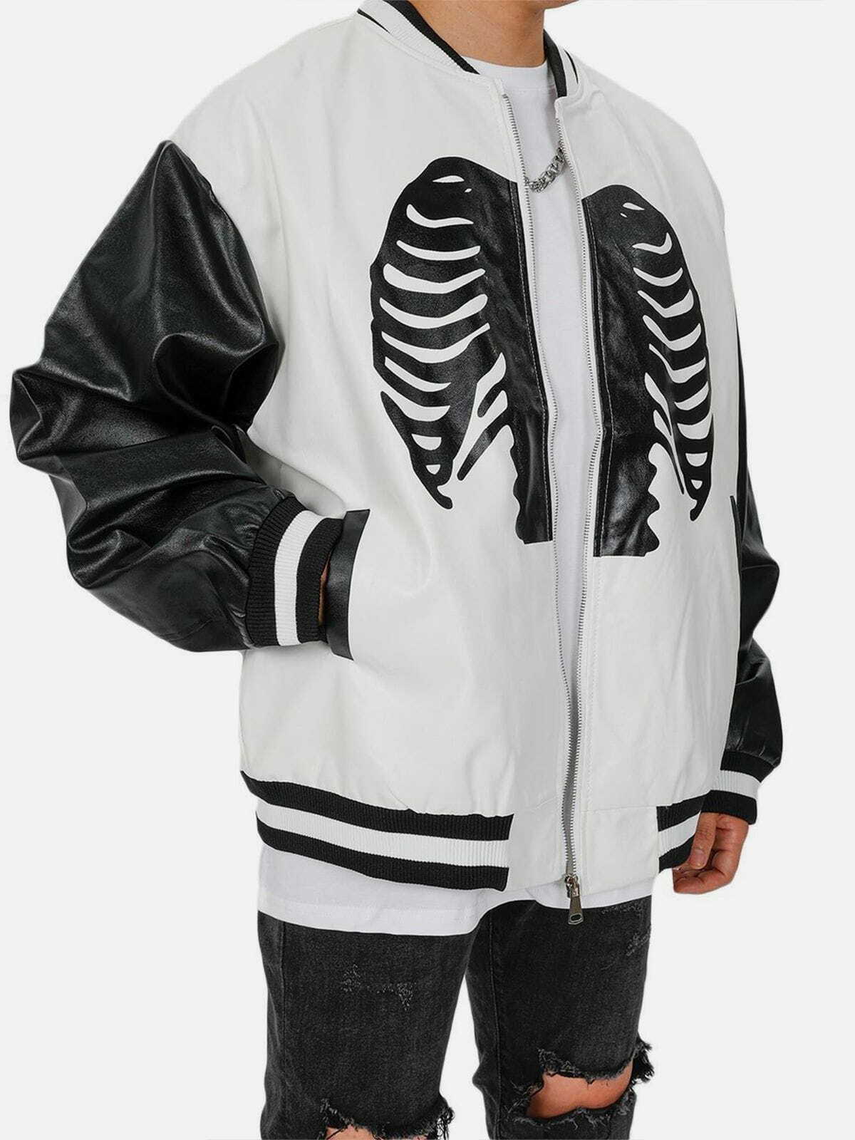 Y2K Grunge Skeleton Zip Up Varsity Jacket - Retro 90s Summer Outfit for Y2K Vibes