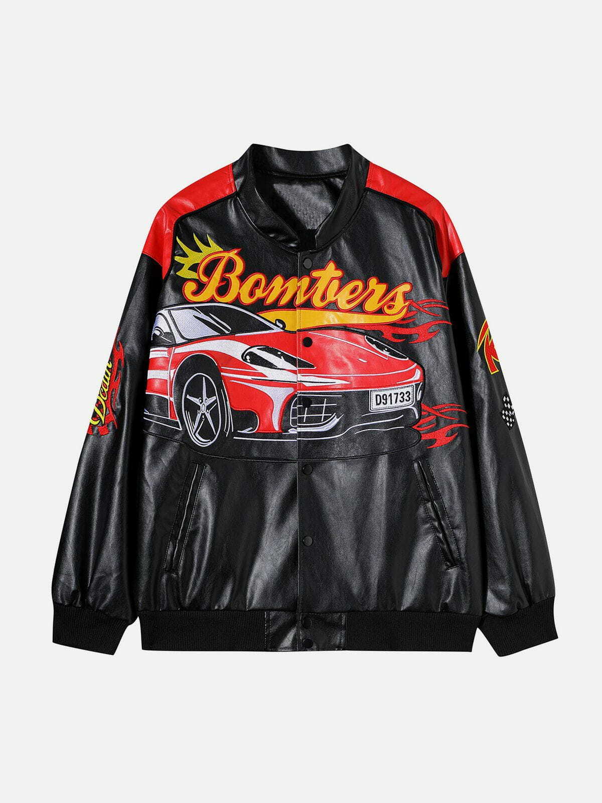 Y2K Grunge Spliced Racing PU Jacket - Retro 90s Summer Outfit for Y2K Party Vibes