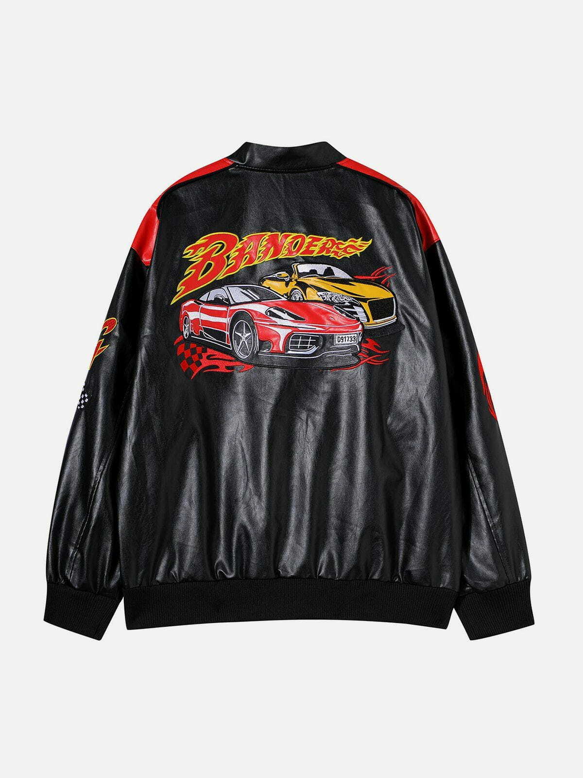 Y2K Grunge Spliced Racing PU Jacket - Retro 90s Summer Outfit for Y2K Party Vibes