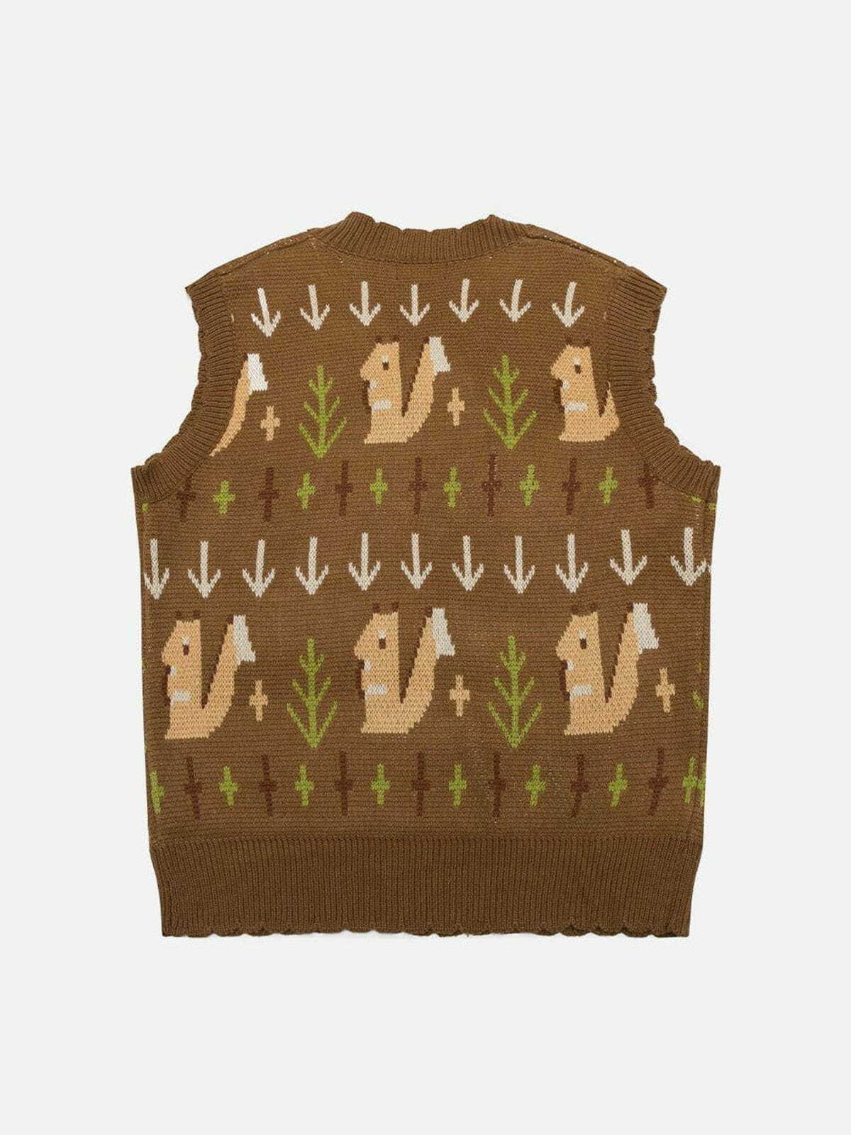 Y2K Grunge Squirrel Jacquard Sweater Vest - Retro 90s Summer Outfit for Y2K Fashion Lovers