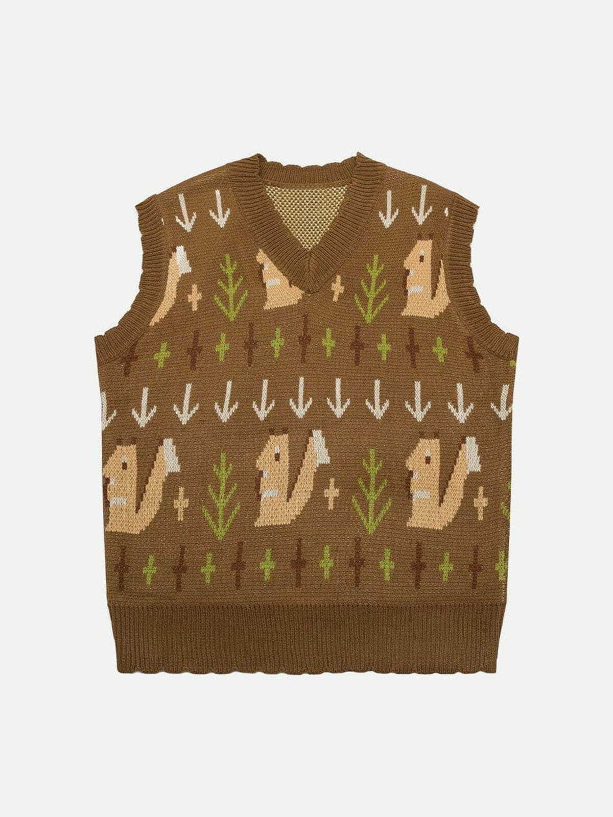 Y2K Grunge Squirrel Jacquard Sweater Vest - Retro 90s Summer Outfit for Y2K Fashion Lovers