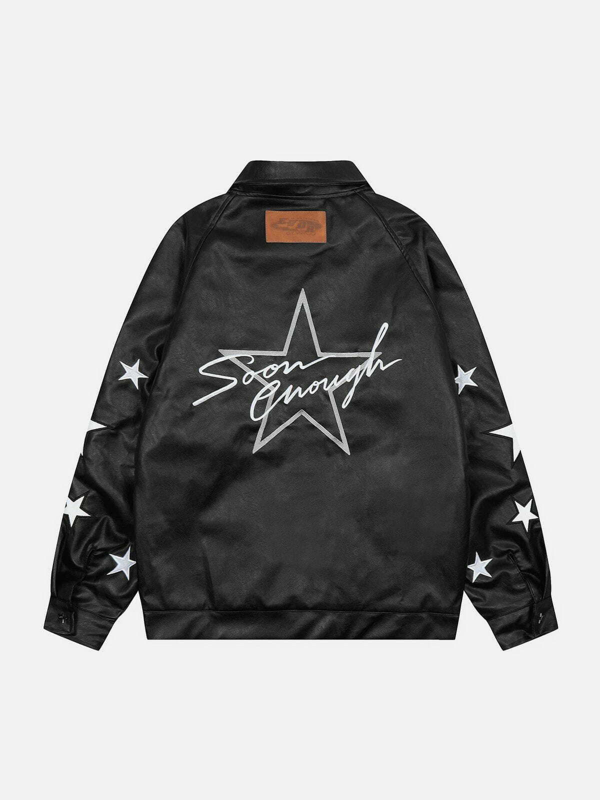 Y2K Grunge Star Embroidery Leather Jacket - Retro 90s Fashion for Summer Parties & Outfits