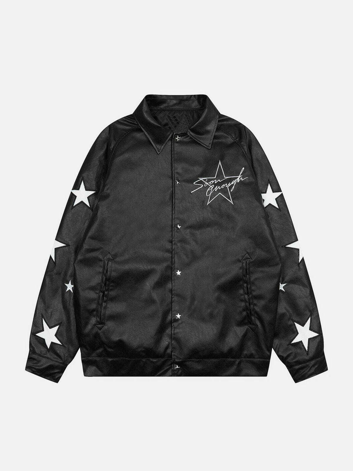 Y2K Grunge Star Embroidery Leather Jacket - Retro 90s Fashion for Summer Parties & Outfits