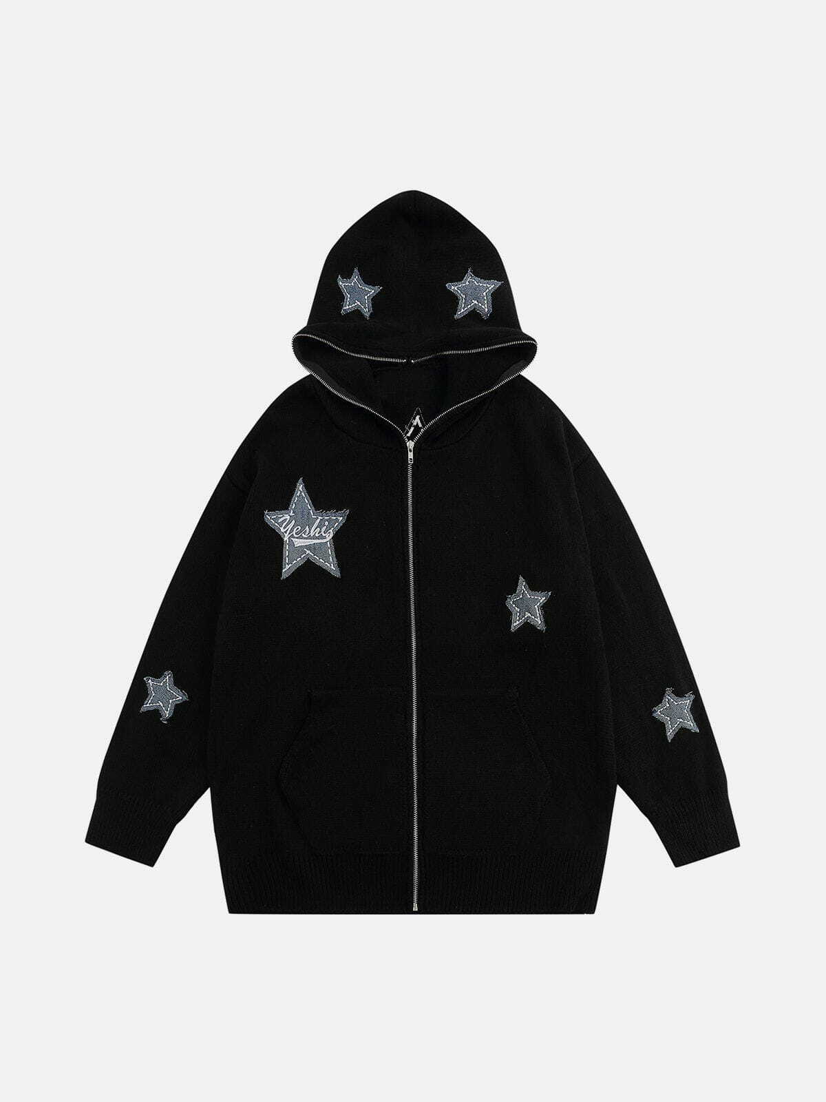 Y2K Grunge Star Embroidery Patchwork Hoodie - Retro 90s Summer Outfit for Women