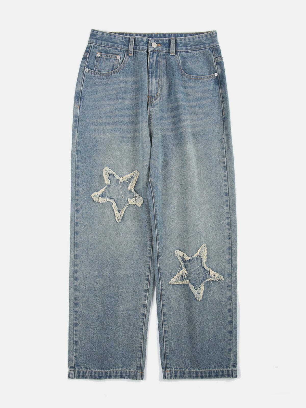 Y2K Grunge Star Fringe Washed Jeans - Retro 90s Summer Outfit for Y2K Vibes