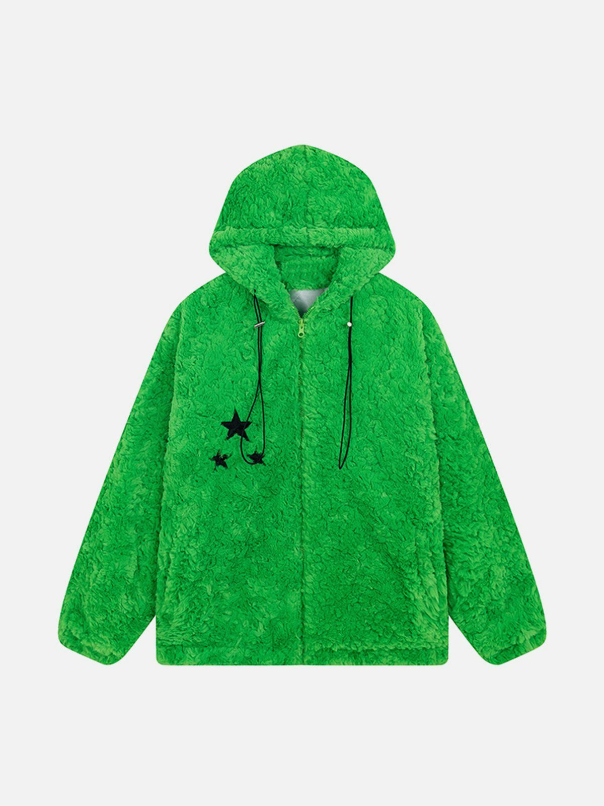 Y2K Grunge Star Patch Drawstring Sherpa Coat - Retro 90s Summer Outfit Essential