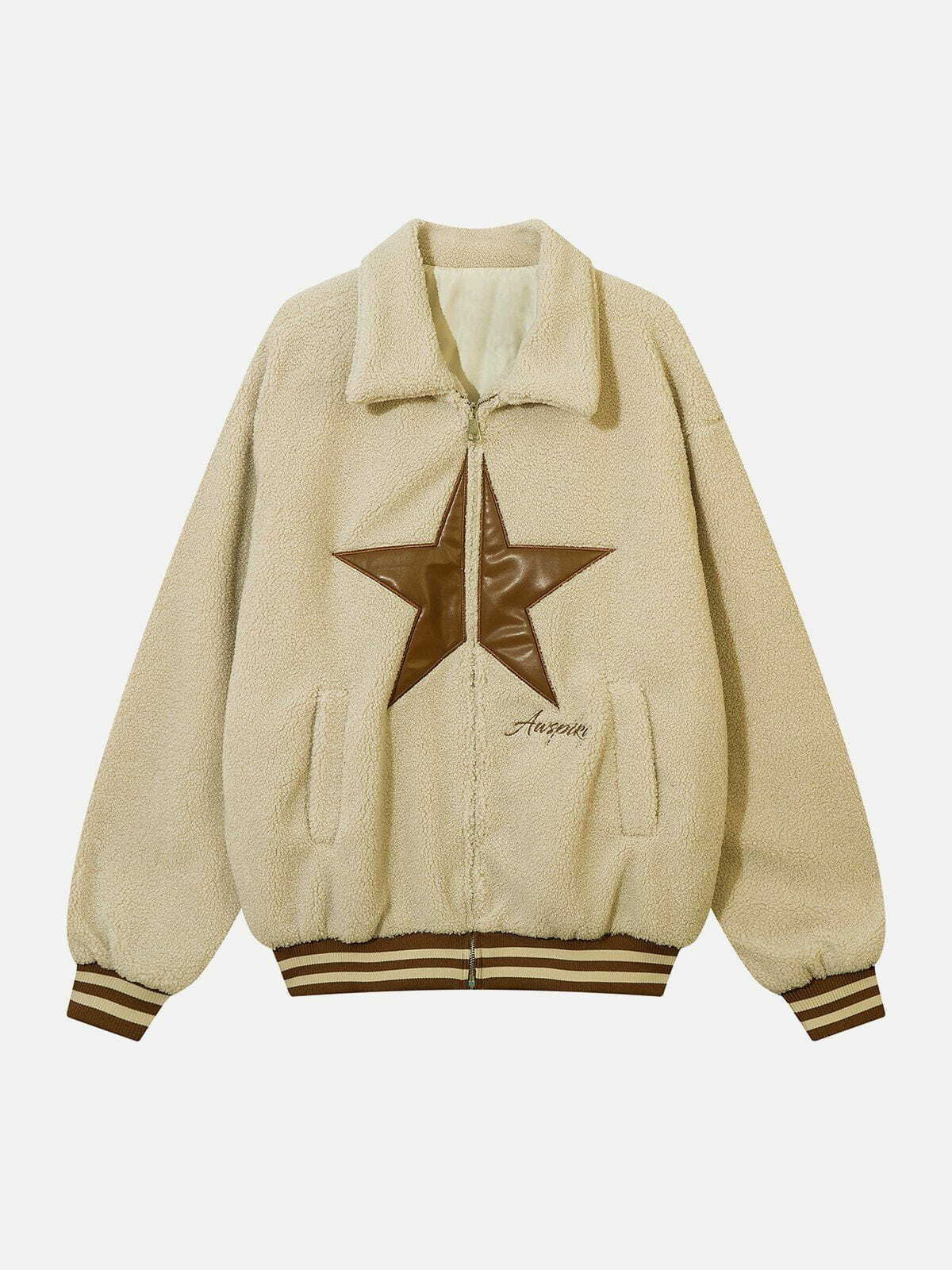 Y2K Grunge Star Patch Sherpa Jacket - Retro 90s Fashion for Summer Parties & Outfits