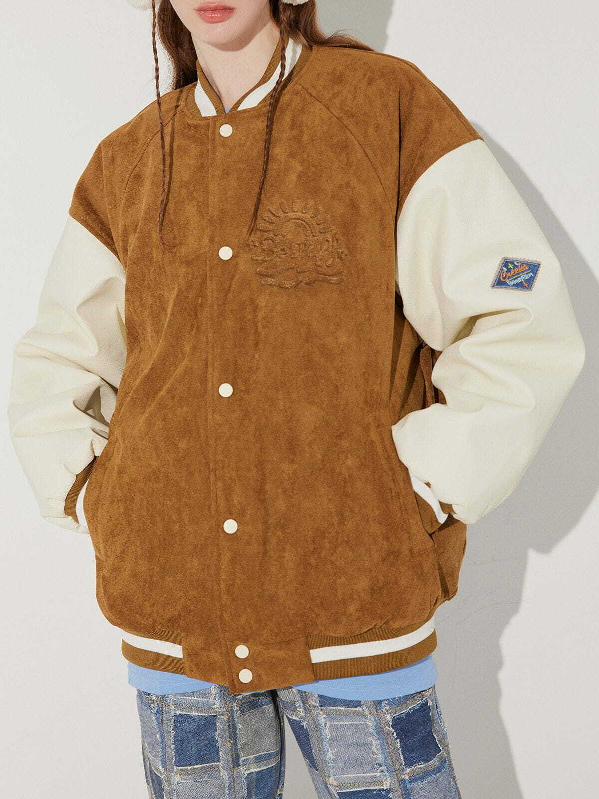 Y2K Grunge Suede PU Splicing Varsity Jacket - Retro 90s Fashion for Summer Outfits