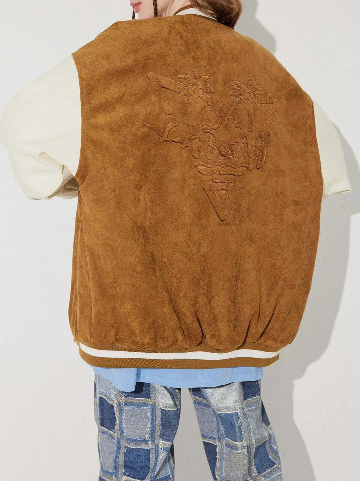 Y2K Grunge Suede PU Splicing Varsity Jacket - Retro 90s Fashion for Summer Outfits