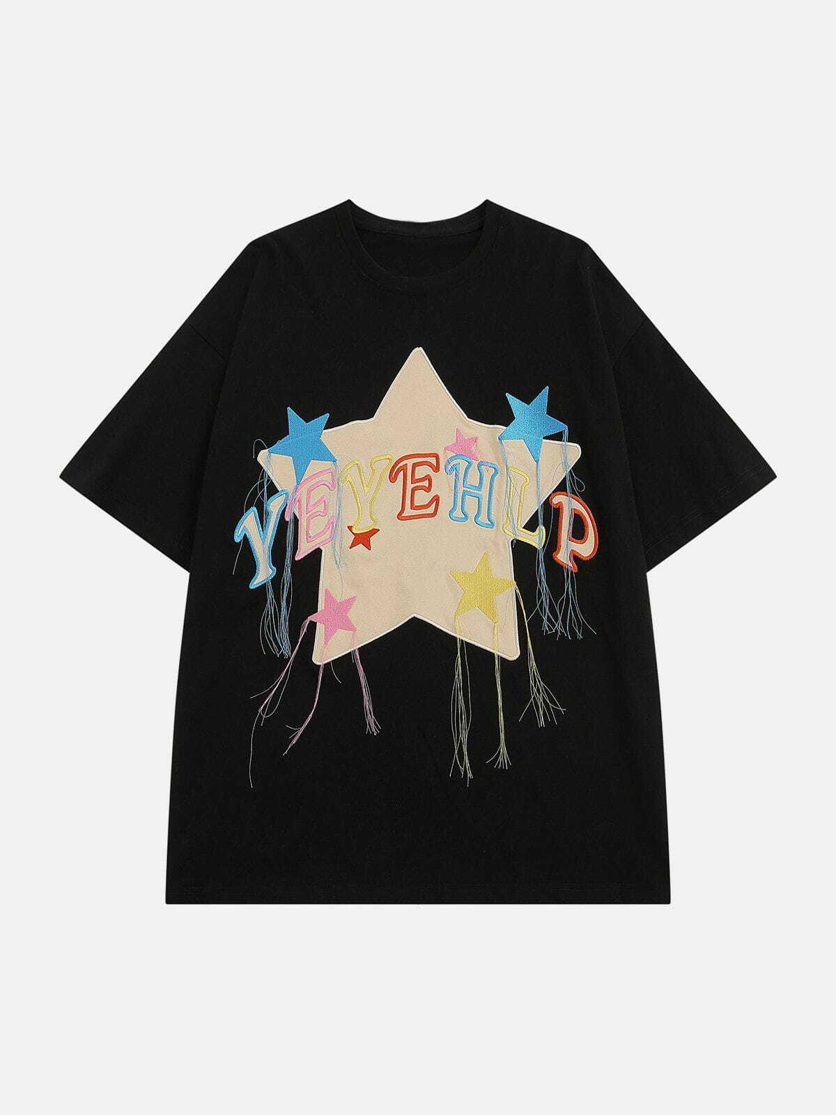 Y2K Grunge Tassel Embroidery Star Tee - Retro 90s Summer Outfit for Y2K Vibes