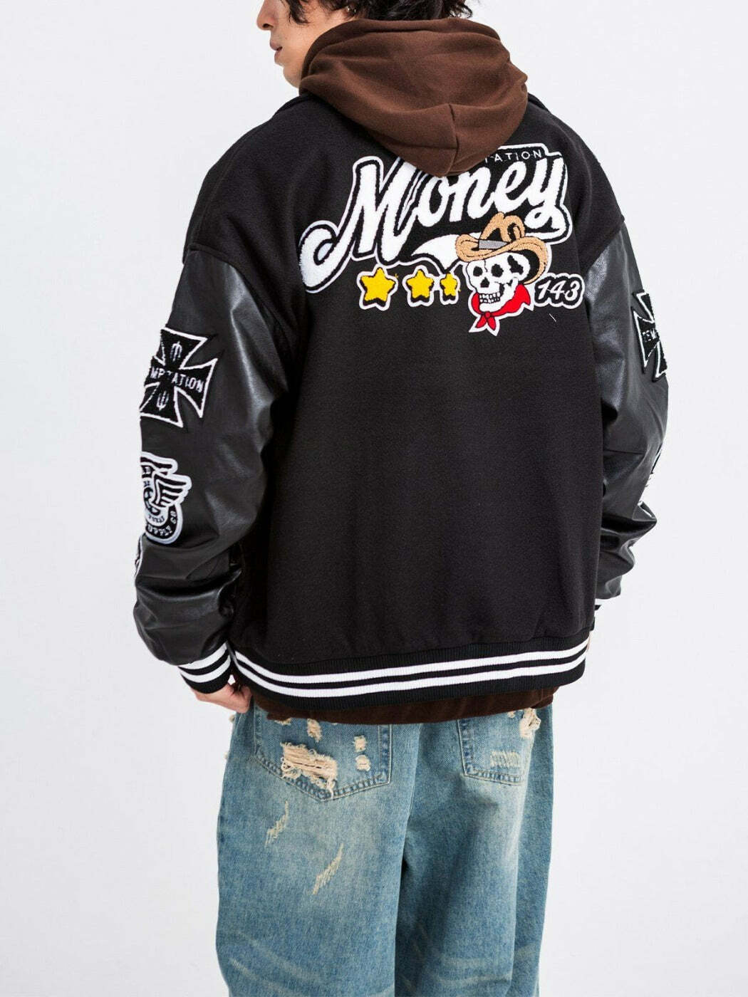 Y2K Grunge Varsity Jacket with Cowboy Skull Design - Retro 90s Summer Outfit Essential