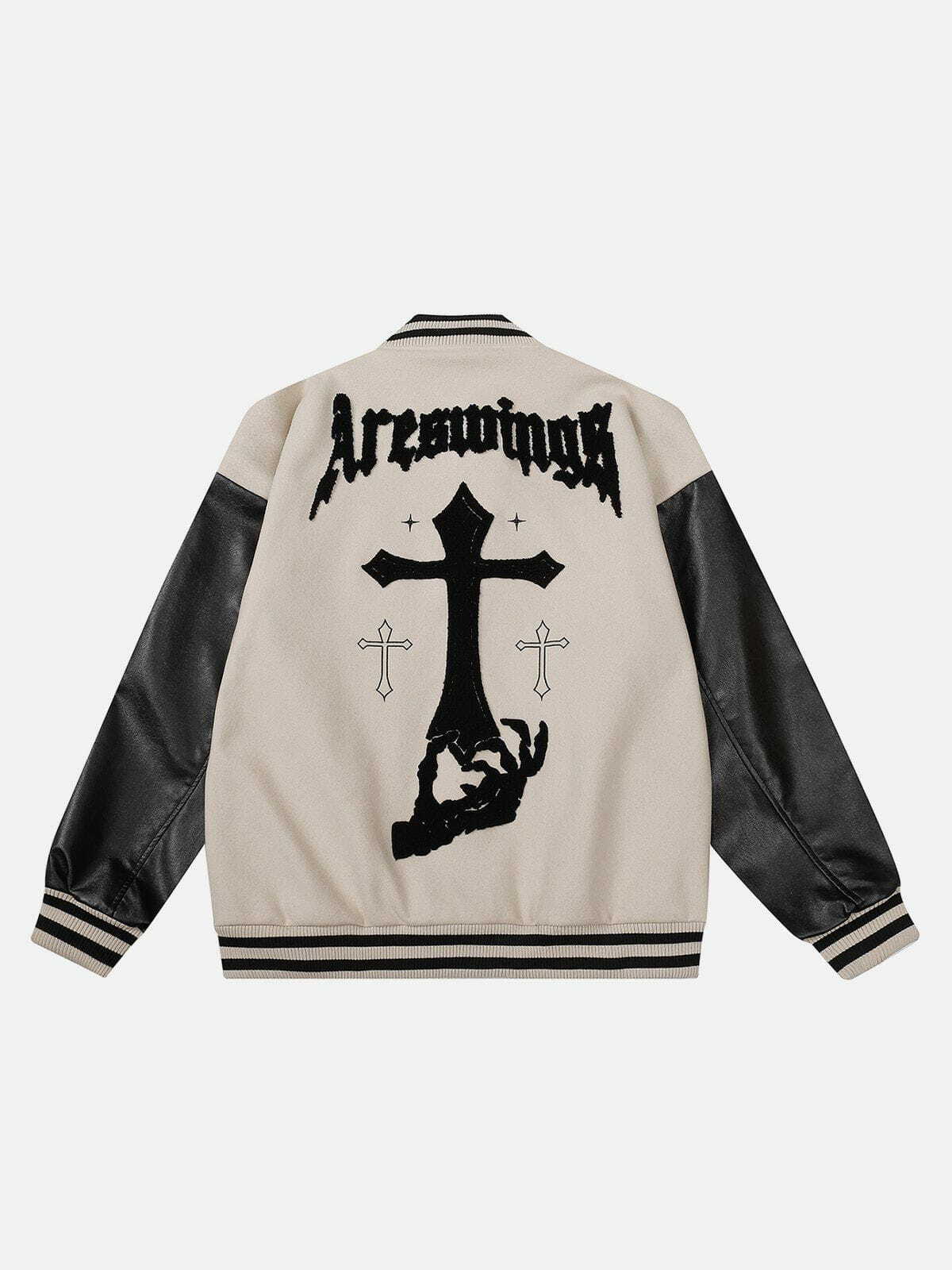 Y2K Grunge Varsity Jacket with Cross Flock Patchwork - Retro 90s Summer Outfit Essential