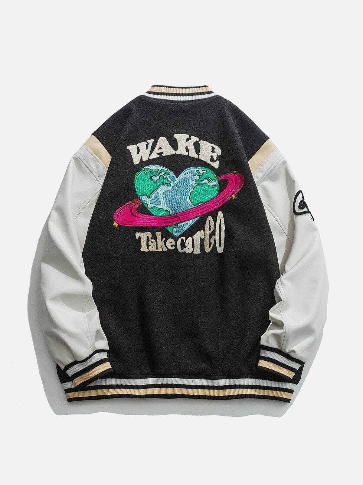 Y2K Grunge Varsity Jacket with Heart Earth Flocked Embroidery - Retro 90s Summer Outfit