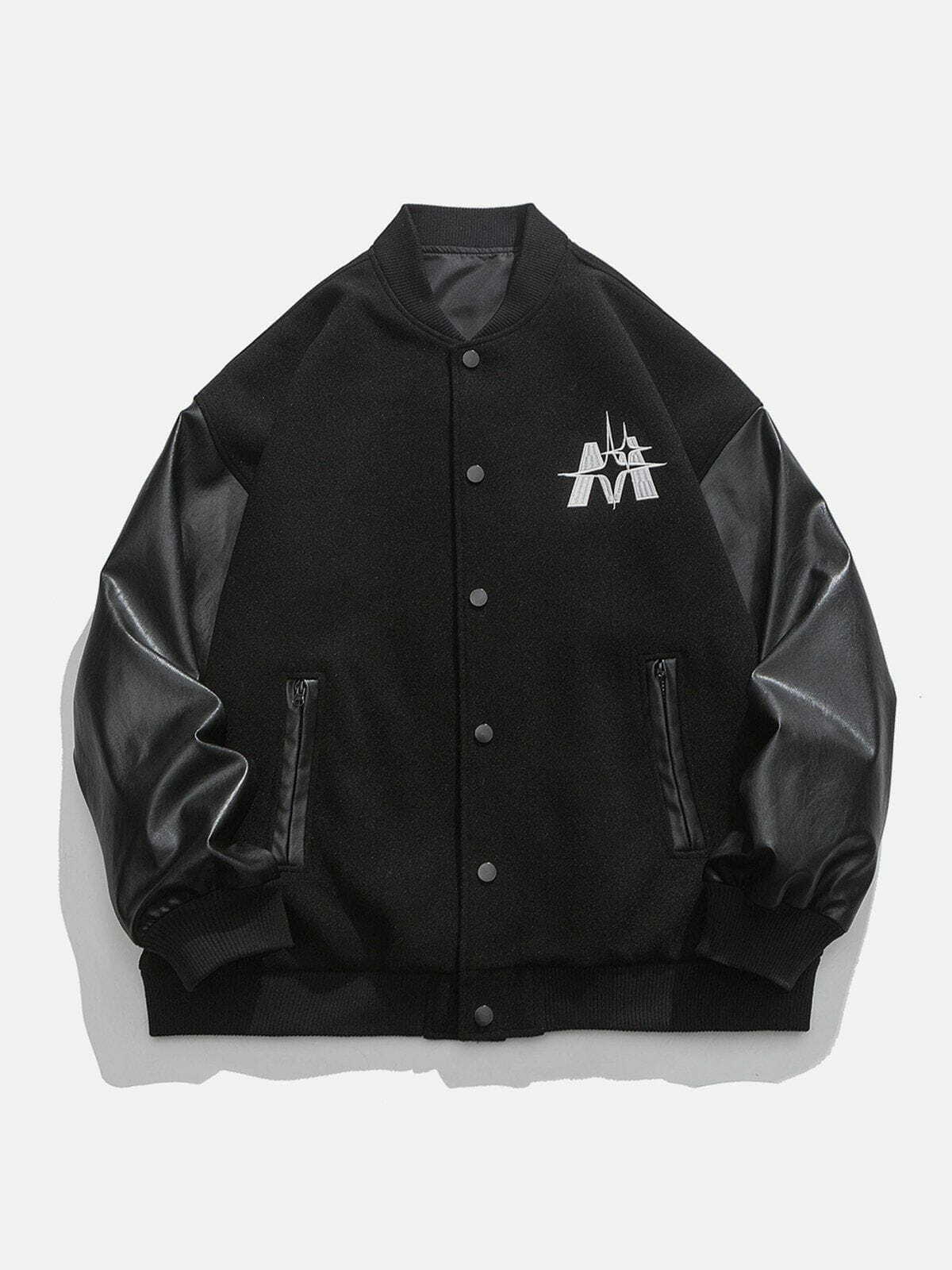 Y2K Grunge Varsity Jacket with Solid Leather Sleeves - Retro 90s Fashion Statement