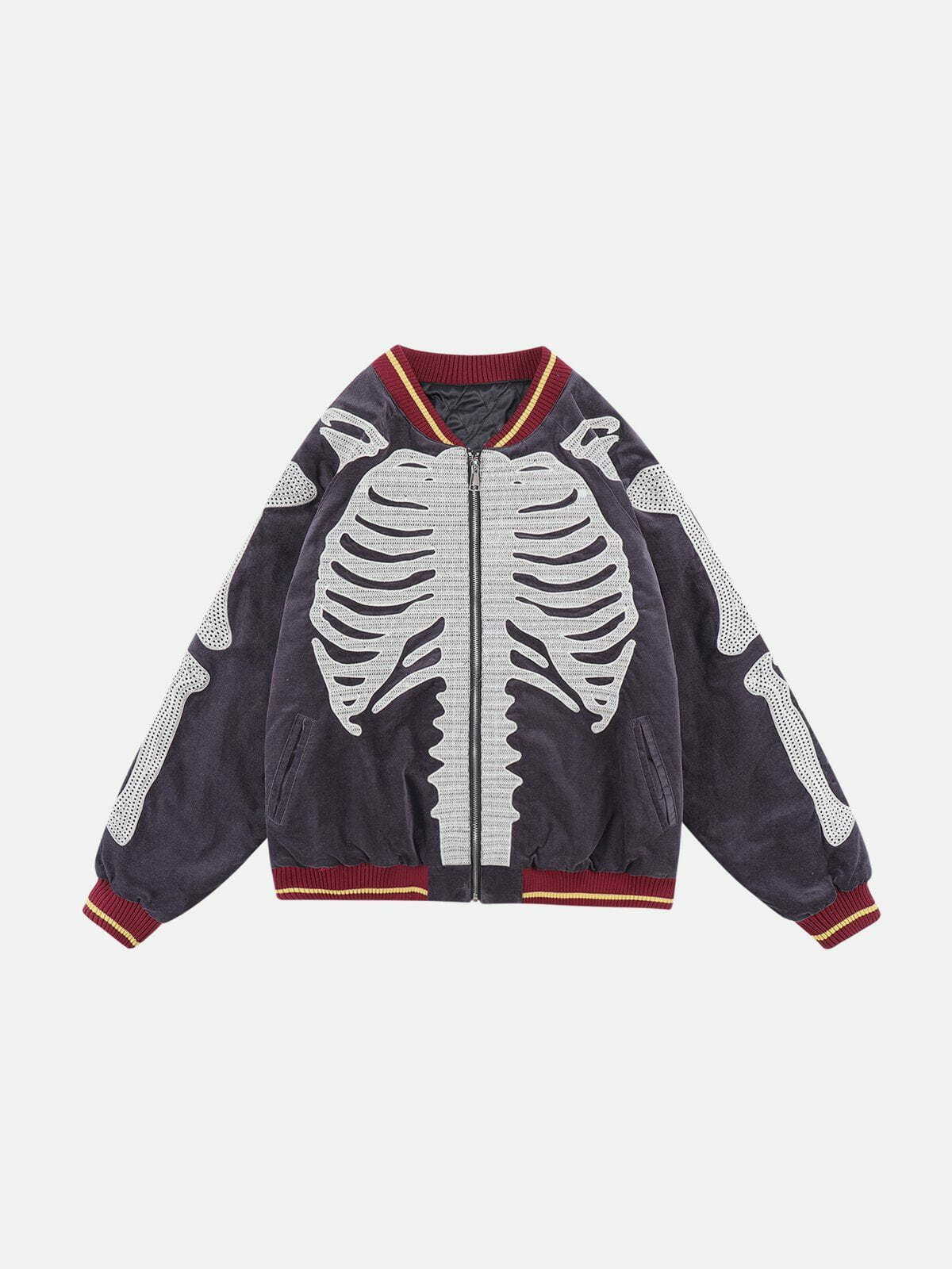 Y2K Grunge Velvet Skeleton Graphic Jacket - Retro 90s Party Outfit for Summer Vibes