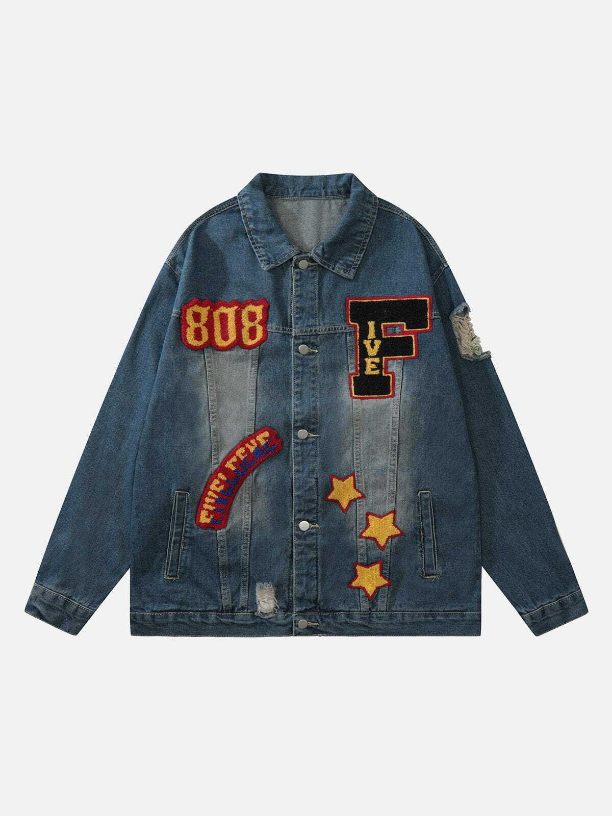 Y2K Grunge Washed Denim Jacket with Flocking Print - Retro 90s Summer Outfit Essential