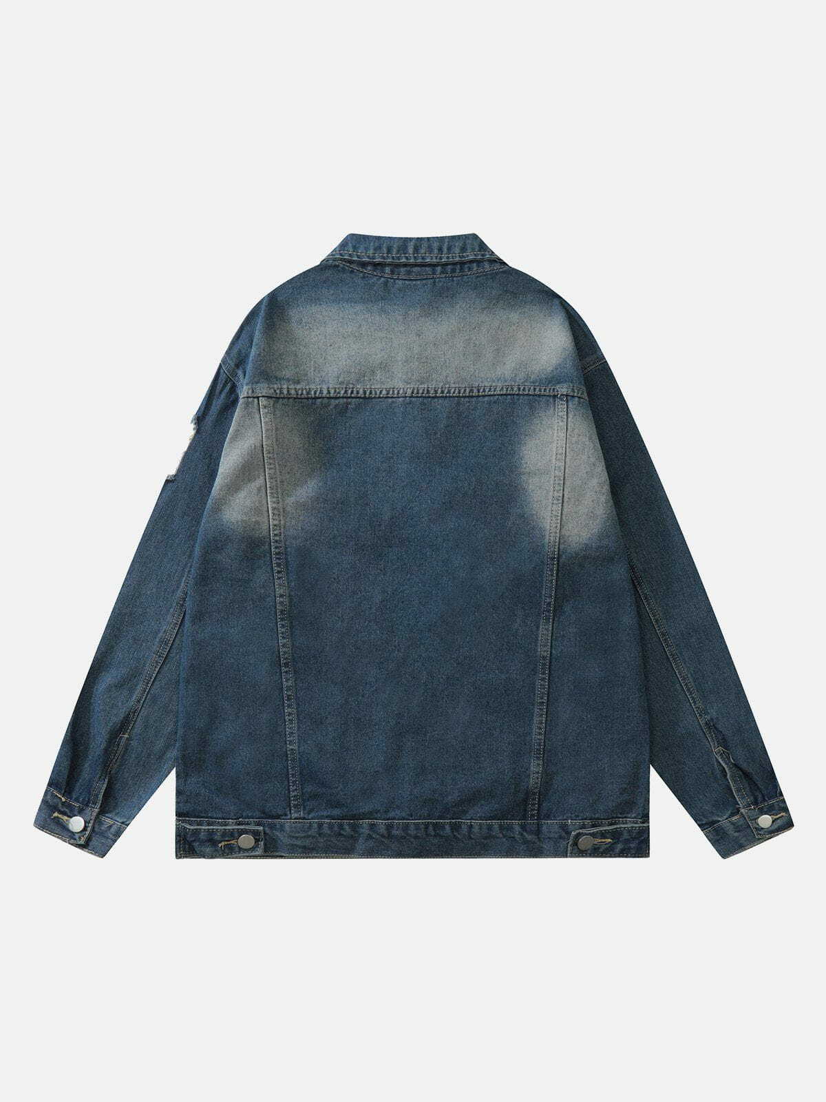 Y2K Grunge Washed Denim Jacket with Flocking Print - Retro 90s Summer Outfit Essential