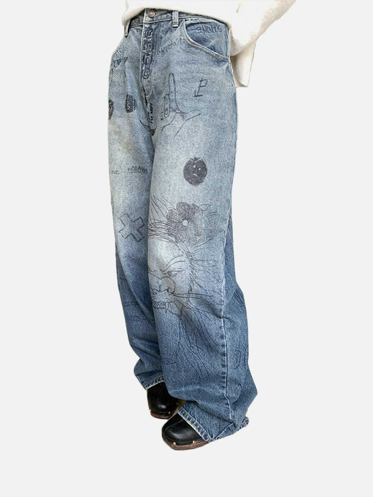 Y2K Grunge Watermark Jeans - Retro 90s Style for Summer Parties & Casual Outfits