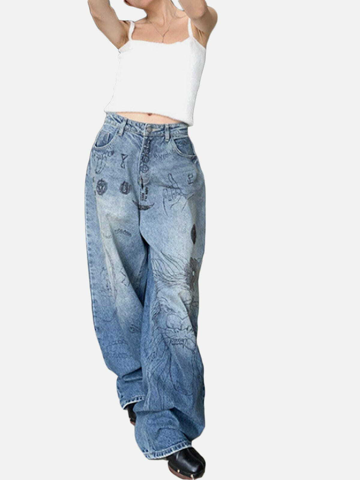 Y2K Grunge Watermark Jeans - Retro 90s Style for Summer Parties & Casual Outfits