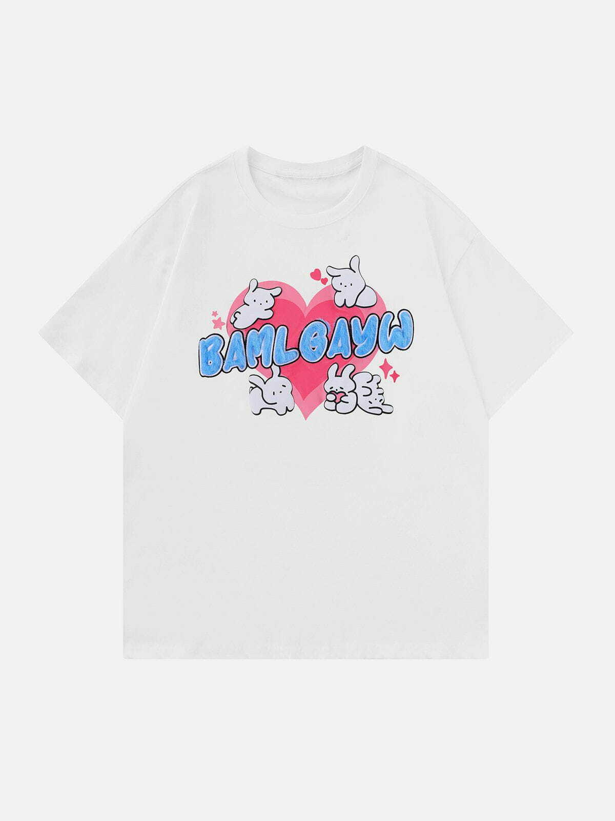 Y2K Heart Bunny Print Tee - Retro 90s Grunge Summer Outfit for Y2K Party Vibes