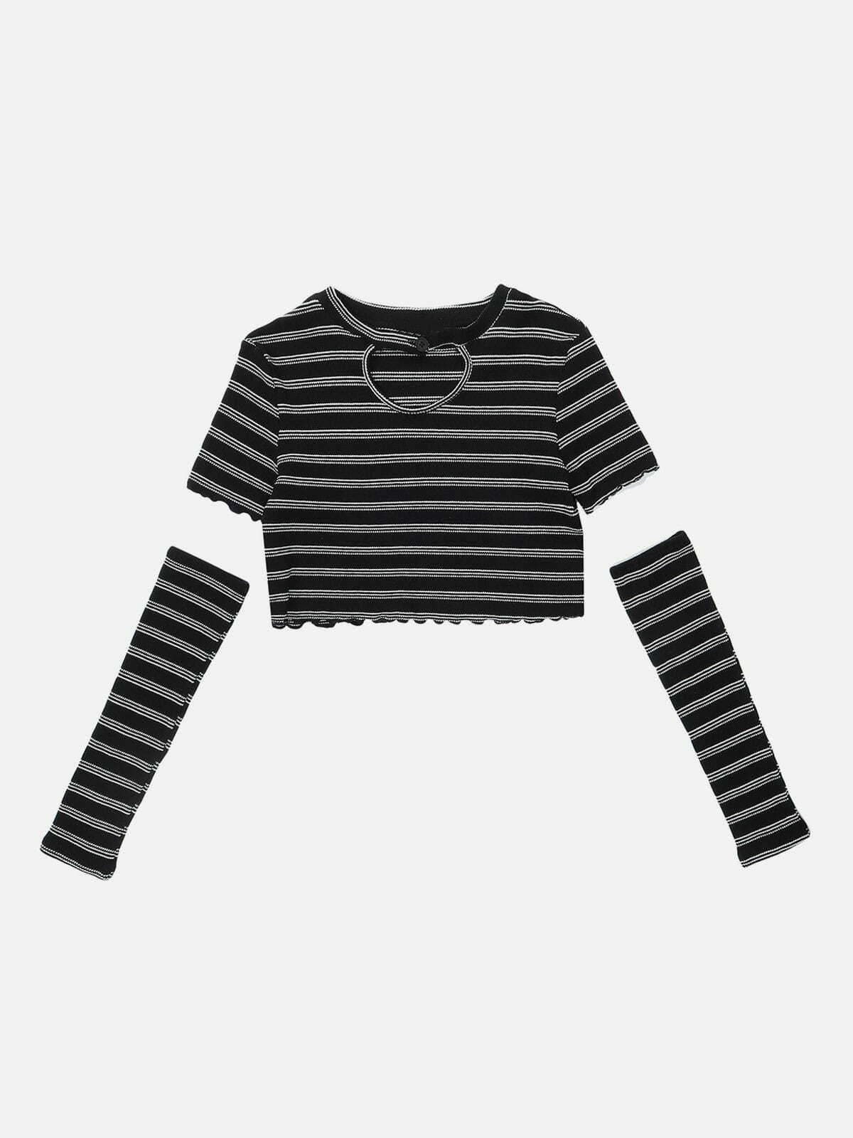 Y2K Heart Cut Stripe Crop Tee - Retro 90s Grunge Top for Summer Party Outfits