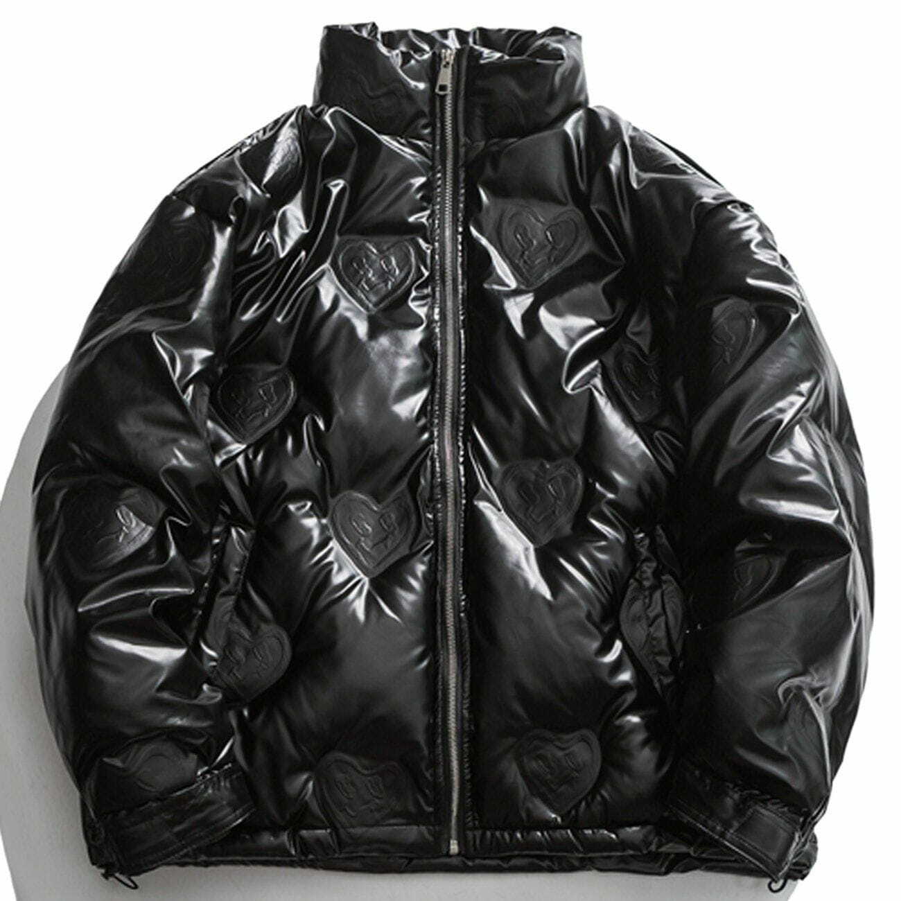 Y2K Heart Embossed Solid Color Puffer Jacket - Retro 90s Grunge Summer Outfit Essential