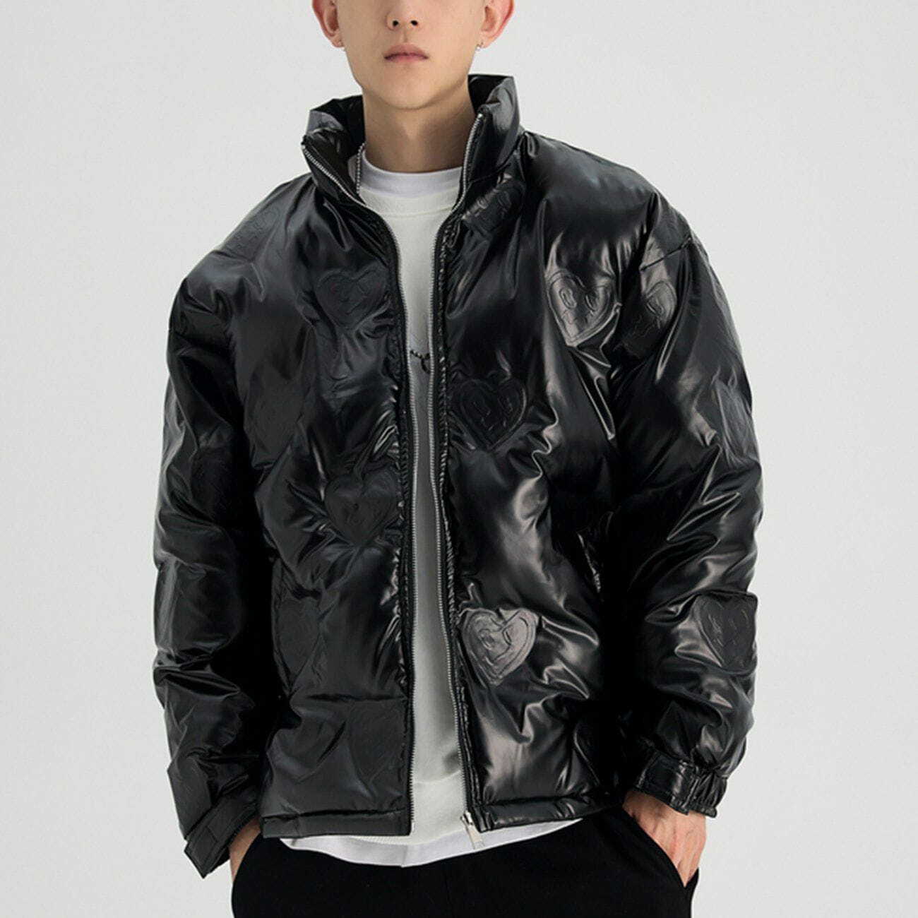 Y2K Heart Embossed Solid Color Puffer Jacket - Retro 90s Grunge Summer Outfit Essential